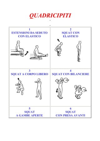 QUADRICIPITI
-
Pagina 1/6
-
1
ESTENSIONI DA SEDUTO
CON ELASTICO
2
SQUAT CON
ELASTICO
3
SQUAT A CORPO LIBERO
4
SQUAT CON BILANCIERE
5
SQUAT
A GAMBE APERTE
6
SQUAT
CON PRESA AVANTI
 