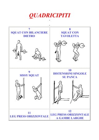 QUADRICIPITI
-
Pagina 2/6
-
7
SQUAT CON BILANCIERE
DIETRO
8
SQUAT CON
TAVOLETTA
9
SISSY SQUAT
10
DISTENSIONI SINGOLE
SU PANCA
11
LEG PRESS ORIZZONTALE
12
LEG PRESS ORIZZONTALE
A GAMBE LARGHE
 