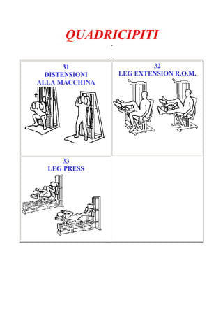 QUADRICIPITI
-
Pagina 6/6
-
31
DISTENSIONI
ALLA MACCHINA
32
LEG EXTENSION R.O.M.
33
LEG PRESS
 