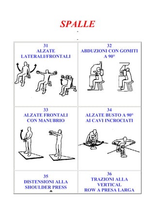 SPALLE
-
Pagina 6/6
-
31
ALZATE
LATERALI/FRONTALI
32
ABDUZIONI CON GOMITI
A 90°
33
ALZATE FRONTALI
CON MANUBRIO
34
ALZATE BUSTO A 90°
AI CAVI INCROCIATI
35
DISTENSIONI ALLA
SHOULDER PRESS
36
TRAZIONI ALLA
VERTICAL
ROW A PRESA LARGA
 