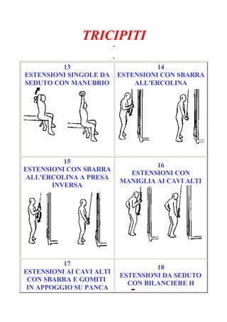 TRICIPITI
-
Pagina 3/6
-
13
ESTENSIONI SINGOLE DA
SEDUTO CON MANUBRIO
14
ESTENSIONI CON SBARRA
ALL'ERCOLINA
15
ESTENSIONI CON SBARRA
ALL'ERCOLINA A PRESA
INVERSA
16
ESTENSIONI CON
MANIGLIA AI CAVI ALTI
17
ESTENSIONI AI CAVI ALTI
CON SBARRA E GOMITI
IN APPOGGIO SU PANCA
18
ESTENSIONI DA SEDUTO
CON BILANCIERE H
 
