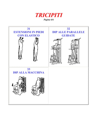 TRICIPITI
Pagina 6/6
31
ESTENSIONI IN PIEDI
CON ELASTICO
32
DIP ALLE PARALLELE
GUIDATE
33
DIP ALLA MACCHINA
 