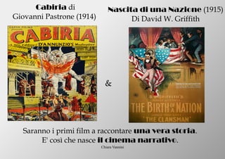 Chiara Vannini
Cabiria di
Giovanni Pastrone (1914)
Nascita di una Nazione (1915)
Di David W. Griffith
&
Saranno i primi film a raccontare una vera storia.
E' così che nasce il cinema narrativo.
 