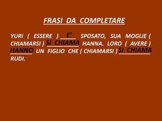 FRASI DA COMPLETARE
YURI ( ESSERE ) _____ SPOSATO, SUA MOGLIE (
CHIAMARSI ) __________ HANNA. LORO ( AVERE )
_______ UN FIGLIO CHE ( CHIAMARSI ) __________
RUDI.
E’
SI CHIAMA
HANNO SI CHIAMA
 