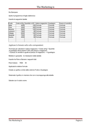 The Marketing is
Da Stampare
Aprite il programma di foglio elettronico
Inserite la seguente tabella
Frutto Costo al Kg Quantità in KG Valore magazzino Guadagno Prezzo di vendita
Mele 4000 140 Formula Formula Formula
Pere 3500 300 Formula Formula Formula
Banane 6000 120 Formula Formula Formula
Lamponi 7800 80 Formula Formula Formula
Ciliegie 6500 140 Formula Formula Formula
Nespole 7000 60 Formula Formula Formula
Susine 4000 80 Formula Formula Formula
Applicare le formule nelle celle corrispondenti:
*Formula per calcolare il valore magazzino = Costo al Kg * Quantità
*Il guadagno deve essere il 20% del prezzo a magazzino
* Il prezzo di vendità è uguale al prezzo di magazzino + il guadagno
Mettete in grassetto le intestazioni della tabella
Inserite tra Pere e Banane i seguenti dati
Pere Indiane 7800 40
Applicate le relative formule
Create un grafico a torta dalle colonne Frutto e Guadagno
Sistemate il grafico in maniera che non si sovrapponga alla tabella
Salvate con il vostro nome
The Marketing Is Pagina 6
 