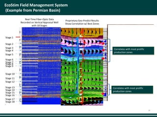 LCav.e-6
Upper Resistivity Zone
EcoStim Field Management System
(Example from Permian Basin)
Real-Time Fiber-Optic Data
Recorded on Vertical Appraisal Well
with 18 Stages
Stage 11
Stage 12
Stage 13
Stage 14
Stage 15
Stage 16
Stage 17
Stage 18
Stage 2
Stage 4
Stage 3
Stage 1
Stage 5
Stage 6
Stage 7
Stage 8
Stage 9
Stage 10
Correlates with most prolific
production zones
Correlates with most prolific
production zones
28
Proprietary Geo-Predict Results
Show Correlation w/ Best Zones
 