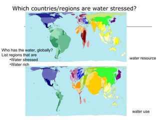 Which countries/regions are water stressed? water resource water use Who has the water, globally? List regions that are Water stressed Water rich 