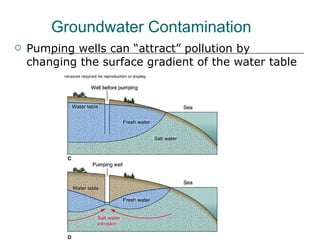 Pumping wells can “attract” pollution by changing the surface gradient of the water table Groundwater Contamination 