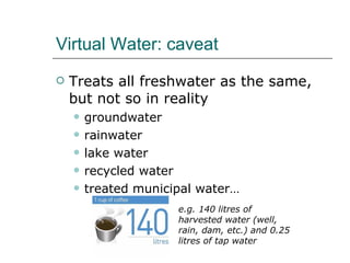 Virtual Water: caveat Treats all freshwater as the same, but not so in reality  groundwater  rainwater  lake water  recycled water  treated municipal water… e.g. 140 litres of harvested water (well, rain, dam, etc.) and 0.25 litres of tap water 
