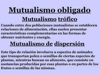 Mutualismo   trófico Cuando entre dos poblaciones mutualistas se establecen relaciones de alimentación, ellas suelen presentar características complementarias en las formas de obtener nutrientes y energía. Mutualismo obligado Mutualismo de   dispersión Este tipo de relación involucra a especies de animales que transportan polen o semillas de ciertas especies de plantas, mientras buscan su alimento, que consiste en sustancias producidas por esas plantas o en partes de los frutos o semillas de las mismas. 
