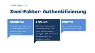 Wir müssen sicherstellen, dass
nur berechtigte Nutzer von
außen auf unser System
zugreifen können.
ESET Secure Authentication,
unsere mobilbasierte Zwei-
Faktor, Einmal-Passwort-
Lösung (2FA OTP) kann in nur 10
Minuten installiert und
konfiguriert werden.
Nur berechtigte Nutzer haben
Zugriff auf vertrauliche Daten.
Mobile Ressourcen
 