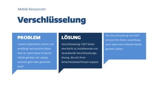 Unsere Außenflotte schickt und
empfängt vertrauliche Daten.
Was ist, wenn diese in falsche
Hände geraten, ein Laptop
verloren geht oder gestohlen
wird?
Verschlüsselung: ESET bietet
eine leicht zu installierende und
verwaltende Verschlüsselungs-
lösung, die sich Ihren
Sicherheitsbedürfnissen anpasst.
Die Verschlüsselung von ESET
schützt Ihre Daten zuverlässig,
auch wenn sie in falsche Hände
geraten sollten.
Mobile Ressourcen
 