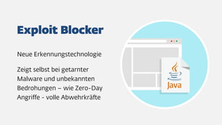 Neue Erkennungstechnologie
Zeigt selbst bei getarnter
Malware und unbekannten
Bedrohungen – wie Zero-Day
Angriffe - volle Abwehrkräfte
 