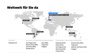 HAUPTSITZ
Bratislava, SK
REGIONALE ZENTREN UND NIEDERLASSUNGEN
San Diego (USA)
Buenos Aires (ARG)
Sao Paulo (BRA)
Sydney (AUS)
Jena (GER)
Prag (CZE)
Singapur
FORSCHUNGS- UND TECHNOLOGIEZENTREN
Bratislava (SVK)
Košice (SVK)
San Diego (USA)
Montreal (CAN)
Krakau (POL)
Buenos Aires (ARG)
Prag (CZE)
Jablonec nad Nisou (CZE)
Singapur
 
