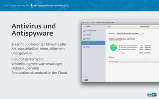 ESET Cyber Security Pro Perfekt geschützt vor Viren & Co.
Erkennt und beseitigt Malware aller
Art, einschließlich Viren,Würmern
und Spyware.
Cloudbasierter Scan:
Whitelisting vertrauenswürdiger
Dateien über eine
Reputationsdatenbank in der Cloud.
Antivirus und
Antispyware
 