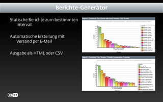 Statische Berichte zum bestimmten
Intervall
Automatische Erstellung mit
Versand per E-Mail
Ausgabe als HTML oder CSV
Berichte-Generator
 