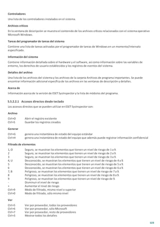 123
Controladores
Una lista de los controladores instalados en el sistema.
Archivos críticos
En la ventana de descripción se muestra el contenido de los archivos críticos relacionados con el sistema operativo
Microsoft Windows.
Tareas del programador de tareas del sistema
Contiene una lista de tareas activadas por el programador de tareas de Windows en un momento/intervalo
especificado.
Información del sistema
Contiene información detallada sobre el hardware y el software, así como información sobre las variables de
entorno, los derechos de usuario establecidos y los registros de eventos del sistema.
Detalles del archivo
Una lista de los archivos del sistema y los archivos de la carpeta Archivos de programa importantes. Se puede
encontrar información adicional específica de los archivos en las ventanas de descripción y detalles.
Acerca de
Información acerca de la versión de ESET SysInspector y la lista de módulos del programa.
5.5.2.2.1 Accesos directos desde teclado
Los accesos directos que se pueden utilizar en ESET SysInspector son:
Archivo
Ctrl+O Abrir el registro existente
Ctrl+S Guardar los registros creados
Generar
Ctrl+G genera una instantánea de estado del equipo estándar
Ctrl+H genera una instantánea de estado del equipo que además puede registrar información confidencial
Filtrado de elementos
1, O Seguro, se muestran los elementos que tienen un nivel de riesgo de 1 a 9.
2 Seguro, se muestran los elementos que tienen un nivel de riesgo de 2 a 9.
3 Seguro, se muestran los elementos que tienen un nivel de riesgo de 3 a 9.
4, U Desconocido, se muestran los elementos que tienen un nivel de riesgo de 4 a 9.
5 Desconocido, se muestran los elementos que tienen un nivel de riesgo de 5 a 9.
6 Desconocido, se muestran los elementos que tienen un nivel de riesgo de 6 a 9.
7, B Peligroso, se muestran los elementos que tienen un nivel de riesgo de 7 a 9.
8 Peligroso, se muestran los elementos que tienen un nivel de riesgo de 8 a 9.
9 Peligroso, se muestran los elementos que tienen un nivel de riesgo de 9.
- Disminuir el nivel de riesgo
+ Aumentar el nivel de riesgo
Ctrl+9 Modo de filtrado, mismo nivel o superior
Ctrl+0 Modo de filtrado, sólo mismo nivel
Ver
Ctrl+5 Ver por proveedor, todos los proveedores
Ctrl+6 Ver por proveedor, sólo Microsoft
Ctrl+7 Ver por proveedor, resto de proveedores
Ctrl+3 Mostrar todos los detalles
 