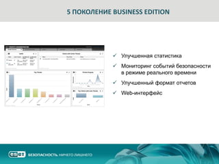 5 ПОКОЛЕНИЕ BUSINESS EDITION




             Улучшенная статистика
             Мониторинг событий безопасности
              в режиме реального времени
             Улучшенный формат отчетов
             Web-интерфейс
 