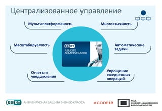 Централизованное управление
Мультиплатформеность
Масштабируемость
Многоязычность
Автоматические
задачи
Отчеты и
уведомления
Упрощение
ежедневных
операций
 