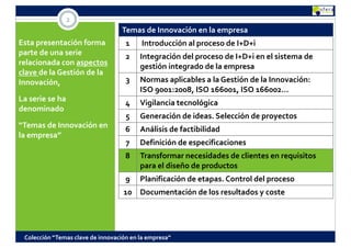 2
                                  Temas d I
                                  T     de Innovación en l empresa
                                                  ió     la
Esta presentación forma             1    Introducción al proceso de I+D+i
parte de una serie                  2    Integración del proceso de I+D+i en el sistema de 
                                         I t      ió  d l         d  I D i   l  i t     d  
relacionada con aspectos                 gestión integrado de la empresa
clave de la Gestión de la 
Innovación, 
Innovación                          3    Normas aplicables a la Gestión de la Innovación:
                                                  p
                                         ISO 9001:2008, ISO 166001, ISO 166002…
La serie se ha                      4    Vigilancia tecnológica
denominado
                                    5    Generación de ideas. Selección de proyectos
“Temas de Innovación en             6    Análisis de factibilidad
la empresa   
la empresa”  
                                    7    Definición de especificaciones
                                    8    Transformar necesidades de clientes en requisitos 
                                         para el diseño de productos
                                    9    Planificación de etapas. Control del proceso
                                   10 Documentación de los resultados y coste




 Colección “Temas clave de innovación en la empresa”
 