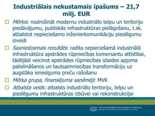 LATVIJAS REPUBLIKAS EKONOMIKAS MINISTRIJA 
MINISTRY OF ECONOMICS OF THE REPUBLIC OF LATVIA 
20 
Mērķis: nodrošināt modernu industriālo telpu un teritoriju piedāvājumu, publiskās infrastruktūras pielāgošanu, t.sk. atbalstot nepieciešamo inženierkomunikāciju pieslēgumu izveidi 
Sasniedzamais rezultāts: radīta nepieciešamā industriālā infrastruktūra apstrādes rūpniecības komersantu attīstībai, tādējādi veicinot apstrādes rūpniecības izlaides apjoma palielināšanos un tautsaimniecības transformāciju uz augstāka ienesīguma preču ražošanu 
Mērķa grupa, finansējuma saņēmēji: MVK 
Atbalsta veids: atbalsts industriālo teritoriju, telpu un pieslēgumu infrastruktūras izbūvei vai rekonstrukcijai 
Industriālais nekustamais īpašums – 21,7 milj. EUR  