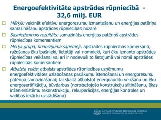LATVIJAS REPUBLIKAS EKONOMIKAS MINISTRIJA 
MINISTRY OF ECONOMICS OF THE REPUBLIC OF LATVIA 
23 
Mērķis: veicināt efektīvu energoresursu izmantošanu un enerģijas patēriņa samazināšanu apstrādes rūpniecības nozarē 
Sasniedzamais rezultāts: samazināts enerģijas patēriņš apstrādes rūpniecības komersantiem 
Mērķa grupa, finansējuma saņēmēji: apstrādes rūpniecības komersanti, ražošanas ēku īpašnieki, lietotāji vai nomnieki, kuri ēku izmanto apstrādes rūpniecības veikšanai vai arī ir nodevuši to lietojumā vai nomā apstrādes rūpniecības komersantiem 
Atbalsta veids: atbalsts apstrādes rūpniecības uzņēmumu energoefektivitātes uzlabošanas pasākumu īstenošanai un energoresursu patēriņa samazināšanai; tai skaitā atbalstot energoauditu veikšanu un ēku energosertifikāciju, būvdarbus (norobežojošo konstrukciju siltināšanu, ēkas inženiersistēmu rekonstrukciju, rekuperācijas, enerģijas kontroles un vadības iekārtu uzstādīšanu) 
Energoefektivitāte apstrādes rūpniecībā - 32,6 milj. EUR  