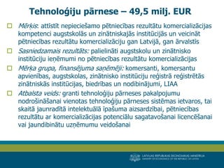 LATVIJAS REPUBLIKAS EKONOMIKAS MINISTRIJA 
MINISTRY OF ECONOMICS OF THE REPUBLIC OF LATVIA 
6 
Mērķis: attīstīt nepieciešamo pētniecības rezultātu komercializācijas kompetenci augstskolās un zinātniskajās institūcijās un veicināt pētniecības rezultātu komercializāciju gan Latvijā, gan ārvalstīs 
Sasniedzamais rezultāts: palielināti augstskolu un zinātnisko institūciju ieņēmumi no pētniecības rezultātu komercializācijas 
Mērķa grupa, finansējuma saņēmēji: komersanti, komersantu apvienības, augstskolas, zinātnisko institūciju reģistrā reģistrētās zinātniskās institūcijas, biedrības un nodibinājumi, LIAA 
Atbalsta veids: granti tehnoloģiju pārneses pakalpojumu nodrošināšanai vienotas tehnoloģiju pārneses sistēmas ietvaros, tai skaitā jaunradītā intelektuālā īpašuma aizsardzībai, pētniecības rezultātu ar komercializācijas potenciālu sagatavošanai licencēšanai vai jaundibinātu uzņēmumu veidošanai 
Tehnoloģiju pārnese – 49,5 milj. EUR  