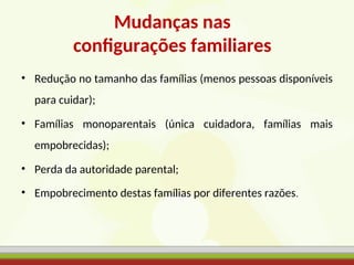 Mudanças nas
configurações familiares
• Redução no tamanho das famílias (menos pessoas disponíveis
para cuidar);
• Famílias monoparentais (única cuidadora, famílias mais
empobrecidas);
• Perda da autoridade parental;
• Empobrecimento destas famílias por diferentes razões.
 