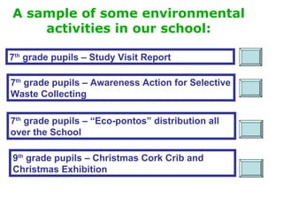A sample of some environmental activities in our school: 7 th  grade pupils – Study Visit Report 7 th  grade pupils – Awareness Action for Selective Waste Collecting 7 th  grade pupils – “Eco-pontos” distribution all over the School 9 th  grade pupils – Christmas Cork Crib and Christmas Exhibition 