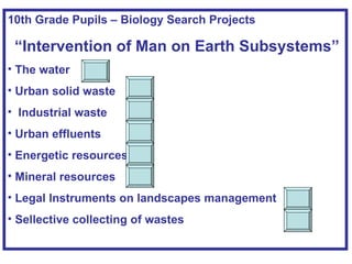 10th Grade Pupils – Biology Search Projects “ Intervention of Man on Earth Subsystems” The water Urban solid waste Industrial waste Urban effluents Energetic resources Mineral resources Legal Instruments on landscapes management Sellective collecting of  wastes 