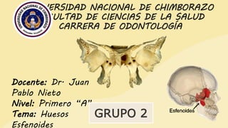 UNIVERSIDAD NACIONAL DE CHIMBORAZO
FACULTAD DE CIENCIAS DE LA SALUD
CARRERA DE ODONTOLOGÍA
Docente: Dr. Juan
Pablo Nieto
Nivel: Primero “A”
Tema: Huesos
Esfenoides
GRUPO 2
 