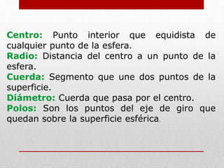 Centro: Punto interior que equidista de
cualquier punto de la esfera.
Radio: Distancia del centro a un punto de la
esfera.
Cuerda: Segmento que une dos puntos de la
superficie.
Diámetro: Cuerda que pasa por el centro.
Polos: Son los puntos del eje de giro que
quedan sobre la superficie esférica.