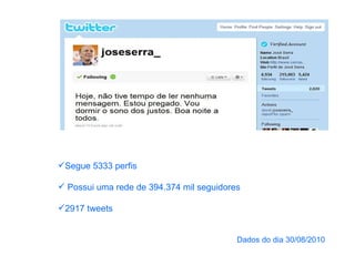 Segue 5333 perfis Possui uma rede de 394.374 mil seguidores 2917 tweets Dados do dia 30/08/2010 