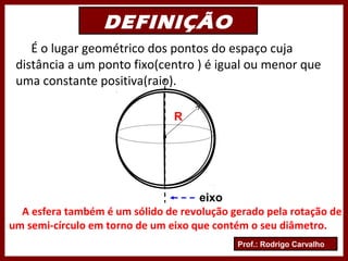 Prof.: Rodrigo Carvalho
DEFINIÇÃO
É o lugar geométrico dos pontos do espaço cuja
distância a um ponto fixo(centro ) é igual ou menor que
uma constante positiva(raio).
R
eixo
.
A esfera também é um sólido de revolução gerado pela rotação de
um semi-círculo em torno de um eixo que contém o seu diâmetro.
 