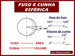 Prof.: Rodrigo Carvalho
FUSO E CUNHA
ESFÉRICA
α
Área do fuso
2
4360 Rπ−−−−°
fusoA−−−−°α
Volume da cunha
3
4
360
3
Rπ
−−−−°
cunhaV−−−−°αFUSO ÁREA
CUNHA VOLUME
 