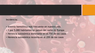 Incidencia:
• Anemia hemolítica más frecuente en nuestro país
• 1 por 5.000 habitantes en países del norte de Europa
• Herencia autosómica dominante en el 75% de los casos
• Herencia autosómica recesiva en el 25% de los casos
 