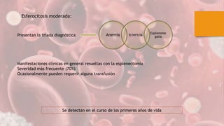 Se detectan en el curso de los primeros años de vida
Esferocitosis moderada:
Presentan la tríada diagnóstica Anemia Ictericia Esplenome
galia
Manifestaciones clínicas en general resueltas con la esplenectomía
Severidad más frecuente (70%)
Ocasionalmente pueden requerir alguna transfusión
 