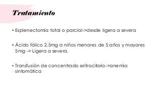 Tratamiento
• Esplenectomía total o parcial->desde ligera a severa
• Ácido fólico 2.5mg a niños menores de 5 años y mayores
5mg -> Ligera a severa.
• Transfusión de concentrado eritrocitario->anemia
sintomática
 