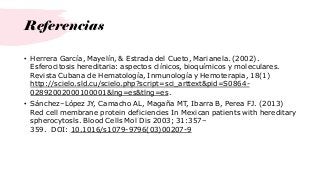 Referencias
• Herrera García, Mayelín, & Estrada del Cueto, Marianela. (2002).
Esferocitosis hereditaria: aspectos clínicos, bioquímicos y moleculares.
Revista Cubana de Hematología, Inmunología y Hemoterapia, 18(1)
http://scielo.sld.cu/scielo.php?script=sci_arttext&pid=S0864-
02892002000100001&lng=es&tlng=es.
• Sánchez–López JY, Camacho AL, Magaña MT, Ibarra B, Perea FJ. (2013)
Red cell membrane protein deficiencies In Mexican patients with hereditary
spherocytosls. Blood Cells Mol Dis 2003; 31:357–
359. DOI: 10.1016/s1079-9796(03)00207-9
 