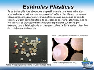 Esférulas Plásticas
As esférulas plásticas são pequenas pastilhas mais ou menos achatadas,
arredondadas e ovóides, que variam entre 2 a 5 mm de diâmetro, possuem
várias cores, principalmente brancas e translúcidas que são as de estado
virgem. Surgem como resultado da degradação dos vários plásticos, mas na
forma inicial de produção é a matéria-prima granulada que serve, por
exemplo, para a fabricação de embalagens, cabos de ferramentas, utensílios
de cozinha e revestimentos.
Pellets de polipropileno recolhidos no Japão (Takada, 2001).
Figura - Esférula plástica (pellets) em lupa microscópica
Fonte: Elaboração do autor, 2012.
 
