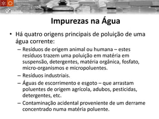 UniversityofMinho
School ofEngineering
• Há quatro origens principais de poluição de uma
água corrente:
– Resíduos de origem animal ou humana – estes
resíduos trazem uma poluição em matéria em
suspensão, detergentes, matéria orgânica, fosfato,
micro-organismos e micropoluentes.
– Resíduos industriais.
– Águas de escorrimento e esgoto – que arrastam
poluentes de origem agrícola, adubos, pesticidas,
detergentes, etc.
– Contaminação acidental proveniente de um derrame
concentrado numa matéria poluente.
Impurezas na Água
 
