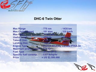 DHC-6 Twin OtterDHC-6 Twin Otter
Max Range : 775 nm : 1435 km
Max.Cruise Speed : 181 ktas : 335 km/h
Max Pass. : 19 People
Useful Load : 4280 lb. : 1941 kg
Takeoff Dist. : 1360 ft. : 415 m
Landing Dist. : 1200 ft. : 366 m
Engine Type : Pratt & Whitney Canada PT6A-34
Maximum power output : 578 hp
Fuel Type : JP–4 / JP–5
Spesific fuel consmp. : 0.67 lb/hp/hr
Price ≈ US $2.500.000
 