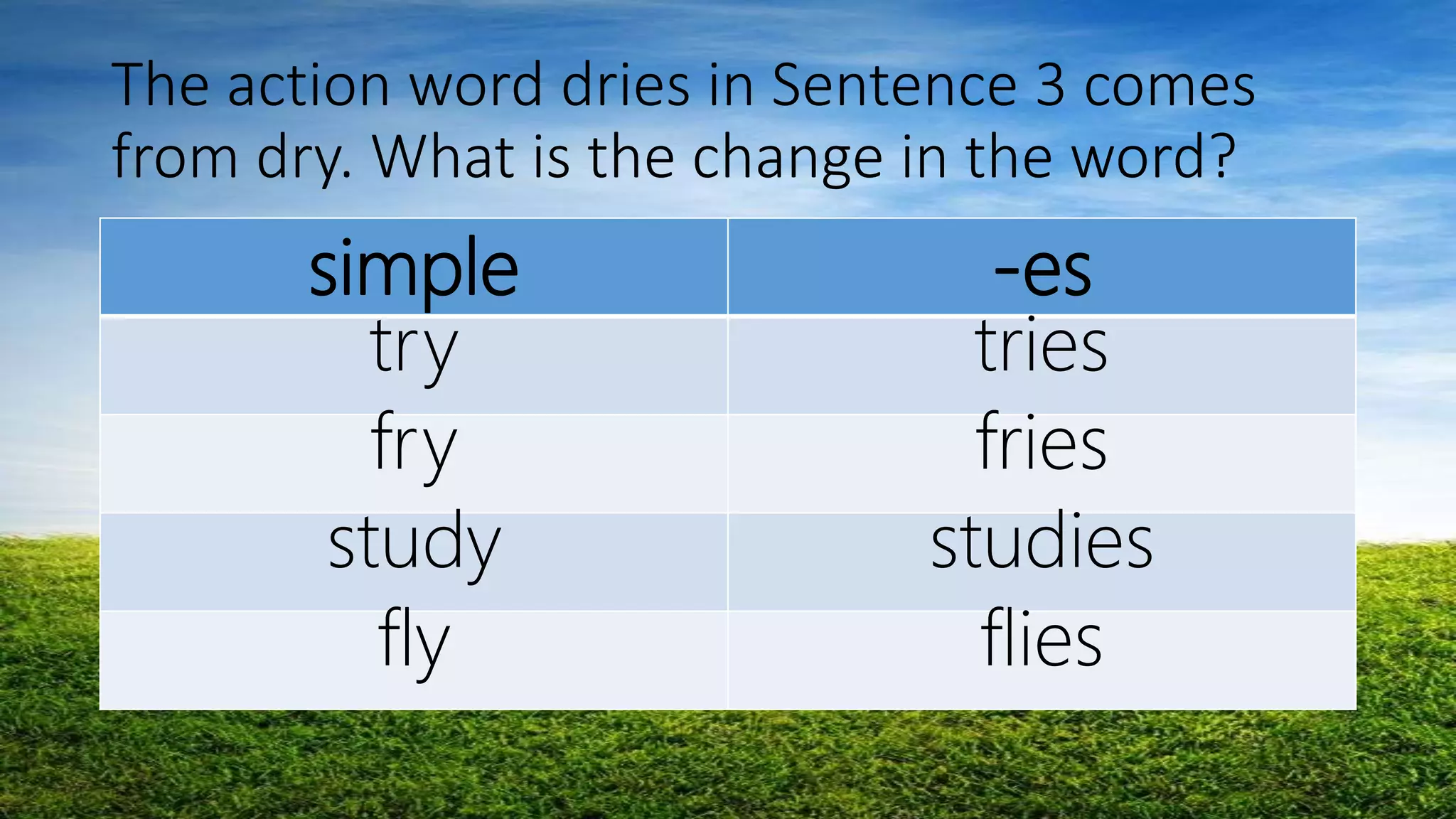 The action word dries in Sentence 3 comes
from dry. What is the change in the word?
simple -es
try tries
fry fries
study studies
fly flies
 