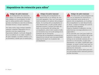 132 Seguro
Dispositivos de retención para niños*
¡Peligro de sufrir lesiones!
Si el dispositivo de retención
para niños o su sistema de fijación ha
sido dañado en un accidente, el niño
que lo utiliza podría sufrir lesiones
graves o mortales en caso de accidente,
frenada brusca o viraje repentino.
Por esta razón, haga revisar inmedia
tamente cualquier dispositivo de re
tención (con sus respectivas
fijaciones) dañado o activado después
de un accidente en un taller cualifica
do (por ejemplo, un smart center) y, si
es necesario, mande que lo sustituyan.
¡Peligro de sufrir lesiones!
El airbag del acompañante no
está desactivado si su testigo de con
trol está apagado y hay una cuna para
bebé montada en el asiento del acompa
ñante. Si el airbag del acompañante no
está desactivado, el niño puede sufrir
lesiones graves o incluso mortales de
bido a la activación del airbag del
acompañante, sobre todo cuando el niño
se encuentra muy cerca del airbag en el
momento de su activación.
El airbag del acompañante solamente se
desactiva al colocar una cuna para bebé
especial de smart en el asiento del
acompañante.
¡Peligro de sufrir lesiones!
Porestarazón,nuncaasegureaun
niño con un sistema de retención in
fantil orientado hacia atrás en el
asiento del acompañante, si el airbag
del acompañante no está desactivado,
es decir, cuando el testigo de control
del airbag esté apagado.
Observe también el adhesivo con las
advertencias correspondientes en el
salpicadero.
Si ha colocado una cuna para bebé es
pecial de smart en el asiento del acom
pañante y el testigo de control del
airbag no se enciende (sistema de re
tención no reconocido), acuda inme
diatamente a un taller cualificado (por
ejemplo, un smart center) para que re
visen la identificación automática del
sistema de retención.
Mientras tanto no lleve niños para evi
tar que puedan sufrir lesiones graves o
incluso mortales.
BA fortwo MJ06_Spanish.book Seite 132 Dienstag, 25. Oktober 2005 4:50 16
 