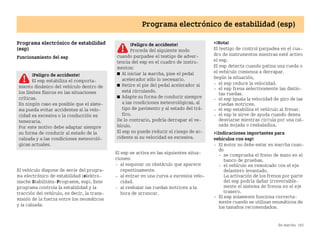 En marcha 165
Programa electrónico de estabilidad (esp)
Programa electrónico de estabilidad
(esp)
Funcionamiento del esp
El vehículo dispone de serie del progra
ma electrónico de estabilidad (elektro
nische StabilitätsProgramm, esp). Este
programa controla la estabilidad y la
tracción del vehículo, es decir, la trans
misión de la fuerza entre los neumáticos
y la calzada.
El esp se activa en las siguientes situa
ciones:
 al esquivar un obstáculo que aparece
repentinamente.
 al entrar en una curva a excesiva velo
cidad.
 al resbalar las ruedas motrices a la
hora de arrancar.
¡Nota!
El testigo de control parpadea en el cua
dro de instrumentos mientras esté activo
el esp.
El esp detecta cuando patina una rueda o
el vehículo comienza a derrapar.
Según la situación,
 el esp reduce la velocidad.
 el esp frena selectivamente las distin
tas ruedas.
 el esp iguala la velocidad de giro de las
ruedas motrices.
 el esp estabiliza el vehículo al frenar.
 el esp le sirve de ayuda cuando desea
desviarse mientras circula por una cal
zada mojada o resbaladiza.
¡Indicaciones importantes para
vehículos con esp!
 El motor no debe estar en marcha cuan
do
 se comprueba el freno de mano en el
banco de pruebas.
 el vehículo es remolcado con el eje
delantero levantado.
La activación de los frenos por parte
del esp podría dañar irreversible
mente el sistema de frenos en el eje
trasero.
 El esp solamente funciona correcta
mente cuando se utilizan neumáticos de
los tamaños recomendados.
¡Peligro de accidente!
El esp estabiliza el comporta
miento dinámico del vehículo dentro de
los límites físicos en las situaciones
críticas.
En ningún caso es posible que el siste
ma pueda evitar accidentes si la velo
cidad es excesiva o la conducción es
temeraria.
Por este motivo debe adaptar siempre
su forma de conducir al estado de la
calzada y a las condiciones meteoroló
gicas actuales.
¡Peligro de accidente!
Proceda del siguiente modo
cuando parpadee el testigo de adver
tencia del esp en el cuadro de instru
mentos:
쮿 Al iniciar la marcha, pise el pedal
acelerador sólo lo necesario.
쮿 Retire el pie del pedal acelerador si
está circulando.
쮿 Adapte su forma de conducir siempre
a las condiciones meteorológicas, al
tipo de pavimento y al estado del trá
fico.
De lo contrario, podría derrapar el ve
hículo.
El esp no puede reducir el riesgo de ac
cidente si su velocidad es excesiva.
BA fortwo MJ06_Spanish.book Seite 165 Dienstag, 25. Oktober 2005 4:50 16
 