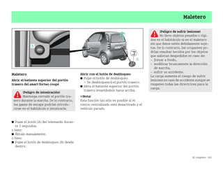 Al completo 183
Maletero
Maletero
Abrir el batiente superior del portón
trasero del smart fortwo coupé
쮿 Pulse el botón (A) del telemando duran
te 2 segundos.
o bien:
쮿 Ábralo manualmente.
o bien:
쮿 Pulse el botón de desbloqueo (B) desde
dentro.
Abrir con el botón de desbloqueo
쮿 Pulse el botón de desbloqueo.
 Se desbloqueará el portón trasero.
쮿 Abra el batiente superior del portón
trasero levantándolo hacia arriba.
¡Nota!
Esta función tan sólo es posible si el
cierre centralizado está desactivado y el
vehículo parado.
¡Peligro de intoxicación!
Mantenga cerrado el portón tra
sero durante la marcha. De lo contrario,
los gases de escape podrían introdu
cirse en el habitáculo e intoxicarle.
¡Peligro de sufrir lesiones!
No lleve objetos pesados o rígi
dos en el habitáculo ni en el maletero
sin que éstos estén debidamente suje
tos. De lo contrario, los ocupantes po
drían resultar heridos por los objetos
que salieran despedidos en caso de:
 frenar a fondo,
 modificar bruscamente la dirección
de marcha,
 sufrir un accidente.
La carga aumenta el riesgo de sufrir
lesiones en caso de accidente aunque se
respeten todas las directrices para la
carga.
BA fortwo MJ06_Spanish.book Seite 183 Dienstag, 25. Oktober 2005 4:50 16
 