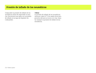 216 Puesta a punto
Presión de inflado de los neumáticos
Compruebe la presión de inflado de los
neumáticos antes de emprender la mar
cha. Encontrará una tabla con la presión
de inflado en la tapa del depósito de
combustible.
¡Nota!
La presión de inflado de los neumáticos
varía por cada 10 °C de cambio de la tem
peratura del aire en torno a 0,1 bar. Ajus
tar siempre la presión de inflado de los
neumáticos.
BA fortwo MJ06_Spanish.book Seite 216 Dienstag, 25. Oktober 2005 4:50 16
 
