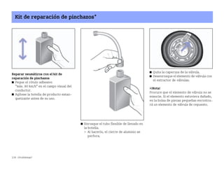 238 ¿Problemas?
Kit de reparación de pinchazos*
Reparar neumáticos con el kit de
reparación de pinchazos
쮿 Pegue el rótulo adhesivo
máx. 80 km/h en el campo visual del
conductor.
쮿 Agítese la botella de producto estan
queizante antes de su uso.
쮿 Enrosque el tubo flexible de llenado en
la botella.
 Al hacerlo, el cierre de aluminio se
perfora.
쮿 Quita la caperuza de la válvula.
쮿 Desenrosque el elemento de válvula con
el extractor de válvulas.
¡Nota!
Procure que el elemento de válvula no se
ensucie. Si el elemento estuviera dañado,
en la bolsa de piezas pequeñas encontra
rá un elemento de válvula de repuesto.
BA fortwo MJ06_Spanish.book Seite 238 Dienstag, 25. Oktober 2005 4:50 16
 