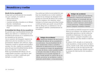 246 ¿Problemas?
Neumáticos y ruedas
Estado de los neumáticos
Compruebe periódicamente los neumáti
cos, por ejemplo, en cuanto a:
 daños exteriores
 envejecimiento
 cuerpos extraños clavados en el dibujo
 fisuras o abolladuras
 desgaste unilateral o irregular del di
bujo
Profundidad del dibujo de los neumáticos
No permita que la profundidad mínima del
dibujo sea inferior a 3 milímetros en los
neumáticos de verano ni a 4 milímetros en
los neumáticos de invierno.
Con el aumento del desgaste empeora la
adherencia de los neumáticos y el com
portamiento dinámico del vehículo, espe
cialmente cuando la calzada está mojada o
nevada. Por ello, cambie los neumáticos
antes de que la profundidad mínima del di
bujo sea inferior a estos valores.
Mida la profundidad del dibujo con un
comprobador previsto a tal efecto, que
recibirá en un taller cualificado (por
ejemplo, un smart center).
Una señal que indica la necesidad de cam
biar los neumáticos se recibe también a
través de los testigos de desgaste inte
grados en el borde del dibujo de la super
ficie de rodadura. No obstante, estos
testigos no forman unas estrechas franjas
continuas hasta que quede una profundi
dad de dibujo de 1,6 milímetros. En tal
caso deberá cambiar inmediatamente el
neumático. Los neumáticostambién envejecencuando
éstos no se utilizan o se utilizan poco. La
seguridad operativa y vial de todos los
neumáticos disminuye. Por esta razón,
haga cambiar cualquier neumático que
tenga más de seis años desde su fabrica
ción.
El número DOT, situado en el lateral de
cada neumático, revela la fecha de fabri
cación. Desde el año 2000, las dos últimas
cifras indican el año de fabricación del
neumático, mientras que delante aparece
la semana de fabricación del neumático
(WWJJ).
¡Peligro de accidente!
Tenga en cuenta que las fisuras,
abolladuras o deterioros exteriores
pueden originar el reventado del neu
mático. Puede perder el control de su
vehículo y sufrir lesiones usted mismo
u otras personas. Cambie inmediata
mente cualquier neumático dañado.
¡Peligro de accidente!
Asegúrese siempre de que la pro
fundidad del dibujo de los neumáticos
es suficiente. Una profundidad del di
bujo insuficiente reduce considera
blemente la adherencia de los neumáti
cos y aumenta el riesgo de aquaplaning
en caso de lluvia o nieve semiderretida
y elevada velocidad. El dibujo de los
neumáticos ya no puede expulsar el
agua. Puede perder el control de su ve
hículo, provocar un accidente y sufrir
lesiones usted mismo u otras personas.
BA fortwo MJ06_Spanish.book Seite 246 Dienstag, 25. Oktober 2005 4:50 16
 