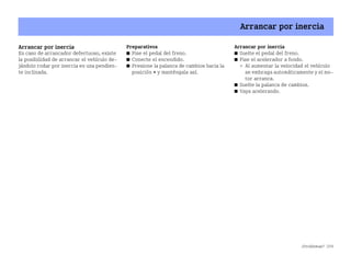 ¿Problemas? 259
Arrancar por inercia
Arrancar por inercia
En caso de arrancador defectuoso, existe
la posibilidad de arrancar el vehículo de
jándolo rodar por inercia en una pendien
te inclinada.
Preparativos
쮿 Pise el pedal del freno.
쮿 Conecte el encendido.
쮿 Presione la palanca de cambios hacia la
posición + y manténgala así.
Arrancar por inercia
쮿 Suelte el pedal del freno.
쮿 Pise el acelerador a fondo.
 Al aumentar la velocidad el vehículo
se embraga automáticamente y el mo
tor arranca.
쮿 Suelte la palanca de cambios.
쮿 Vaya acelerando.
BA fortwo MJ06_Spanish.book Seite 259 Dienstag, 25. Oktober 2005 4:50 16
 